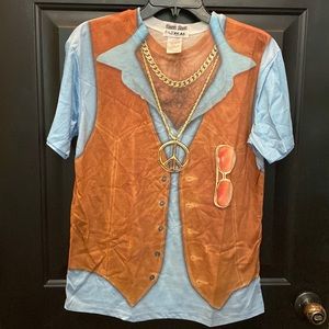 Faux Real 70’s 60’s costume shirt with suede vest, sunglasses, chest hair pic